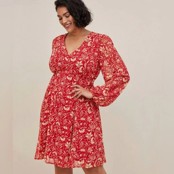 Torrid Babydoll Mini Dress Size 6X Red Floral Chiffon Bishop Sleeve Pockets - Picture 3 of 11